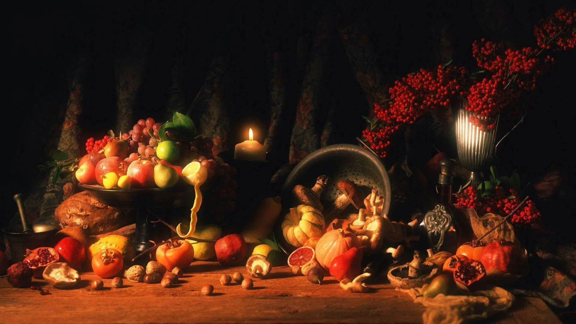 Painting of fall harvest vegetables and fruits